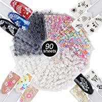 90 Hojas Pegatinas Uñas Decorativas Calcomanías Uñas Flores Nail Stickers para Decoración Arte de Uñas Negro + Blanco…
